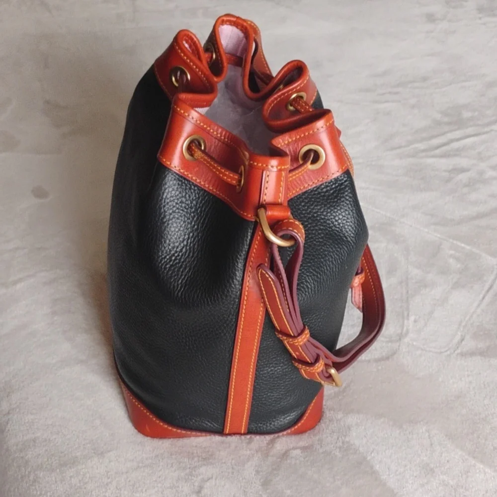 Dooney&burke Black and Brown Leather Bucket Drawstring Bag - Picture 3 of 6
